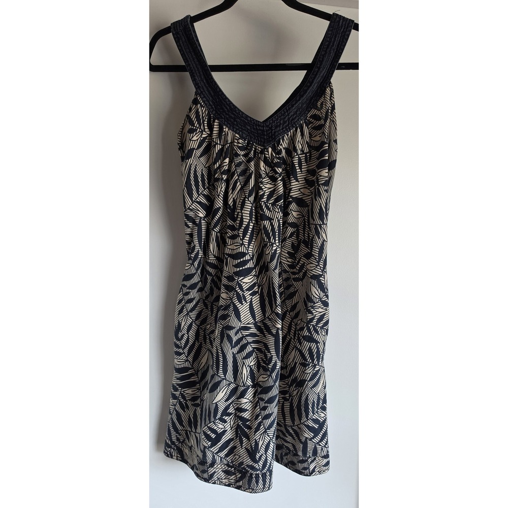 Forever 21 Sleeveless V-Neck Mini Dress S Black Tan Leaf Cotton Denim Neck